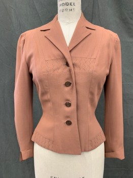 Womens, 1950s Vintage, Suit, Jacket, BRANT LEIGH, Terracotta Brown, Rayon, Solid, W 25, B 32, 4 Button Front, Collar Attached, Notched Lapel, Raised Scallopped Vertical Stripe Panels Across Chest and Waistband, Long Sleeves, Rolled Back Cuffs, *Shoulder Burn*