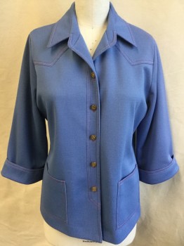 Womens, Jacket, GRAFF CALIFRNIA WEAR, French Blue, Polyester, Solid, L, B:44, Double Red Top Stitches, Notched Lapel, Yoke Front & Back, 2 Pockets, 3/4 Sleeves with Cuff
