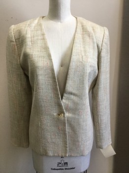 Womens, 1980s Vintage, Suit, Jacket, CLUB 54, Cream, Rayon, Polyester, Grid , 25w, 4, Multi Color Slubbed Weave, 1 Button, No Collar, 1 Faux Pocket,