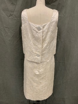 Womens, Cocktail Dress, N/L, White, Silver, Silk, Floral, W 25, B 34, H 36, Attached Shell Overlay Top, Sleeveless, Boat Neck, Button Back Over Dress with Zip Back, Hem Below Knee,