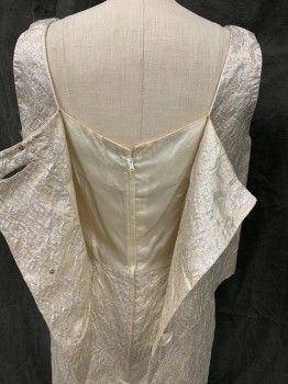 N/L, White, Silver, Silk, Floral, Attached Shell Overlay Top, Sleeveless, Boat Neck, Button Back Over Dress with Zip Back, Hem Below Knee,