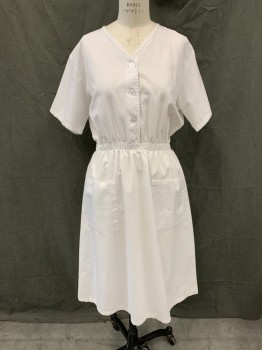 ANGELICA, White, Poly/Cotton, Solid, 1/2 Button Front, V-neck, Elastic Waistband, 2 Hip Pockets, Short Sleeves, Hem Below Knee, Multiple