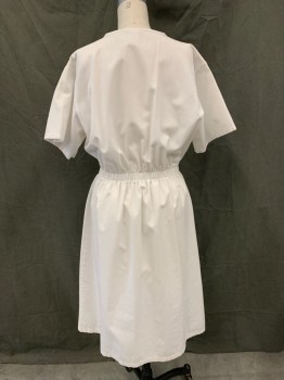 ANGELICA, White, Poly/Cotton, Solid, 1/2 Button Front, V-neck, Elastic Waistband, 2 Hip Pockets, Short Sleeves, Hem Below Knee, Multiple
