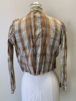 N/L, Caramel Brown, Beige, Black, Ecru, Cotton, Plaid, Long Sleeves, High Standing Neckline with Ecru Lace Panel, Self Covered Decorative Buttons, Pleats at Waist and Shoulders, Hook & Eye Closures in Back, **Mended Throughout