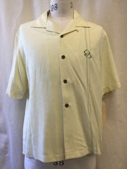 TOMMY BAHAMA, Lt Yellow, Green, Silk, Solid, Novelty Pattern, Button Front, Collar Attached, Short Sleeves, Green Embroidery Detail & Trim