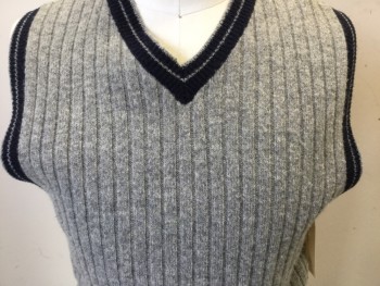 Mens, Vest, URBANWEAR, Heather Gray, Navy Blue, Wool, Heathered, Stripes, C:36, Ribbed, V-neck, Pullover, Navy Striped Trim, Has Been Altered, Alterations At Side And CB Seams