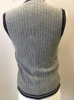 Mens, Vest, URBANWEAR, Heather Gray, Navy Blue, Wool, Heathered, Stripes, C:36, Ribbed, V-neck, Pullover, Navy Striped Trim, Has Been Altered, Alterations At Side And CB Seams