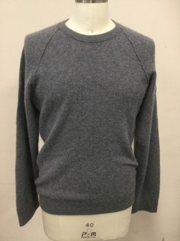 Mens, Pullover Sweater, JAMES PERSE, Heather Gray, Cashmere, L, Fuzzy Waffle Knit, Crew Neck, Raglan Long Sleeves, Ribbed Knit Neck/Waistband/Cuff