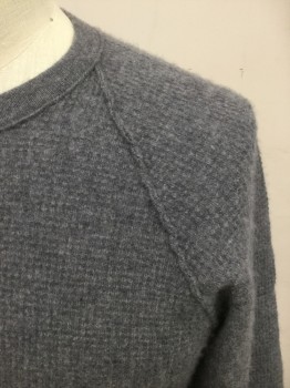 Mens, Pullover Sweater, JAMES PERSE, Heather Gray, Cashmere, L, Fuzzy Waffle Knit, Crew Neck, Raglan Long Sleeves, Ribbed Knit Neck/Waistband/Cuff