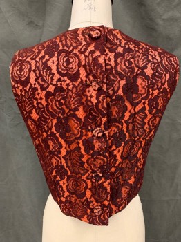 N/L , Peach Orange, Brown, Silk, Cotton, Floral, Peach Orange Silk with Brown Floral Overlay, Sleeveless, Button Back, V Cut Out From Center Front Hem with Bow on Top,