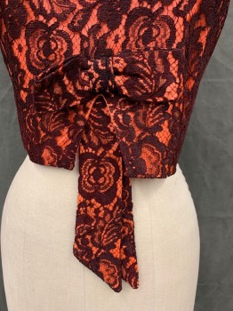 N/L , Peach Orange, Brown, Silk, Cotton, Floral, Peach Orange Silk with Brown Floral Overlay, Sleeveless, Button Back, V Cut Out From Center Front Hem with Bow on Top,