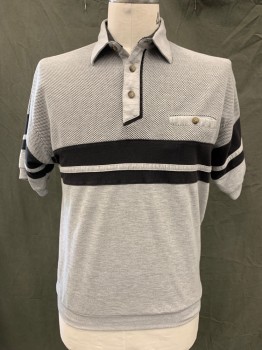 CLASSICS, Lt Gray, Black, Cotton, Polyester, Heathered, Stripes - Horizontal , Pique Knit Top, Black Stripes, 3 Buttons,  1 Pocket, Collar Attached, Short Sleeves, Ribbed Knit Cuff/Waistband