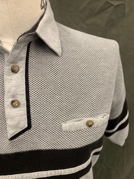CLASSICS, Lt Gray, Black, Cotton, Polyester, Heathered, Stripes - Horizontal , Pique Knit Top, Black Stripes, 3 Buttons,  1 Pocket, Collar Attached, Short Sleeves, Ribbed Knit Cuff/Waistband