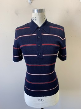 Mens, Polo Shirt, FOX 11, Navy Blue, Red, White, Orlon Acrylic, Stripes - Horizontal , Ch38, M, Knit, 4 Button PlacKet Front with Button and Loop at Neck