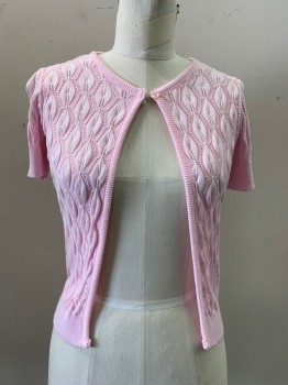 TRULY, Baby Pink, Cotton, Rayon, Leaves/Vines , Short Sleeves, 1 Button at Center Front Neck, Knit, 1990s