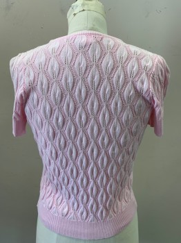 TRULY, Baby Pink, Cotton, Rayon, Leaves/Vines , Short Sleeves, 1 Button at Center Front Neck, Knit, 1990s