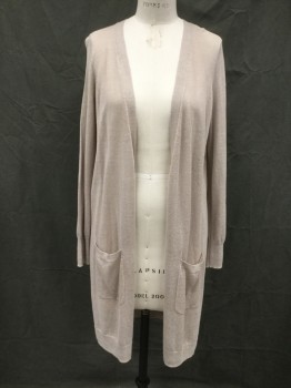 HALOGEN, Dusty Brown, Rayon, Nylon, Solid, Long Open Cardigan, 2 Pockets, Long Sleeves, Ribbed Knit Cuff/Waistband