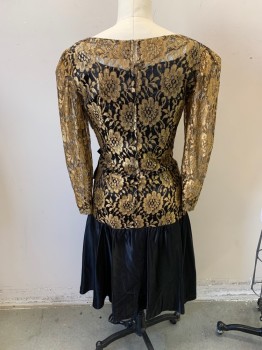 Womens, Cocktail Dress, NL, Tan Brown, Black, Synthetic, Floral, Solid, W28, B36, Knee Length, Long Sleeves, Lace Bodice, Bateau/Boat Neck, Zip Back, Satin Bow, Wrap Flounce Skirt, High Low Hem,