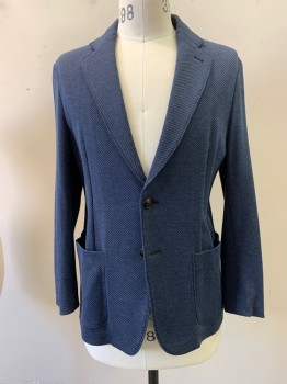 Mens, Sportcoat/Blazer, Emporio Armani, Royal Blue, Navy Blue, Poly/Cotton, Elastane, Stripes, 38, Two Button, Relaxed Unlined. Patch Pockets, Stitching Around Edges, Knit Fabric That Creates a Diagonal Line Pattern
