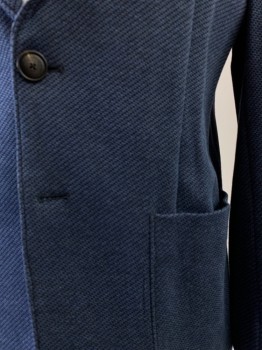 Mens, Sportcoat/Blazer, Emporio Armani, Royal Blue, Navy Blue, Poly/Cotton, Elastane, Stripes, 38, Two Button, Relaxed Unlined. Patch Pockets, Stitching Around Edges, Knit Fabric That Creates a Diagonal Line Pattern
