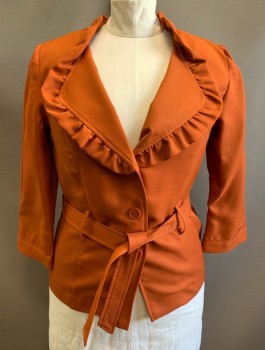 Womens, Suit, Jacket, T.MILANO, Burnt Orange, Polyester, Solid, Sz.16W, Bumpy Textured Fabric, Single Breasted, 2 Buttons,  Pointed Lapel with Self Ruffled Edge, 3/4 Sleeves, Lightly Padded Shoulders, Belt Loops, **With Matching Fabric Belt