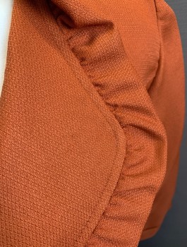 Womens, Suit, Jacket, T.MILANO, Burnt Orange, Polyester, Solid, Sz.16W, Bumpy Textured Fabric, Single Breasted, 2 Buttons,  Pointed Lapel with Self Ruffled Edge, 3/4 Sleeves, Lightly Padded Shoulders, Belt Loops, **With Matching Fabric Belt