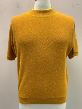 Mens, Sweater, DAYTON'S, Mustard Yellow, Orlon Acrylic, 42, L, Knit, Mock Neck, Short Sleeves, Yellow Trim
