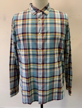 Mens, Casual Shirt, BANANA REPUBLIC, Slate Blue, Yellow, Gray, Maroon Red, Navy Blue, Cotton, Plaid, Tall, XXL, L/S, Button Front, Collar Attached, No Pocket, Slim Fit