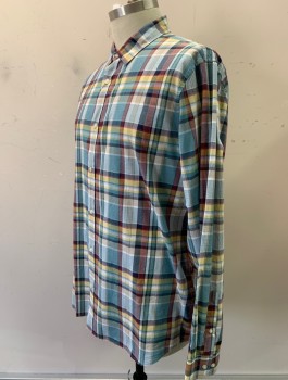Mens, Casual Shirt, BANANA REPUBLIC, Slate Blue, Yellow, Gray, Maroon Red, Navy Blue, Cotton, Plaid, Tall, XXL, L/S, Button Front, Collar Attached, No Pocket, Slim Fit