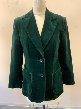 Womens, Blazer, ST MICHAEL, Forest Green, Cotton, Solid, B34, Single Breasted, 2 Buttons, 2 Patch Pockets, Peaked Lapel, Plastic Buttons