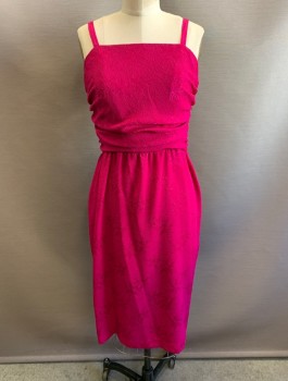 N/L, Fuchsia Pink, Polyester, Floral, Bumpy Textured Jacquard, 1/2" Wide Spaghetti Straps, Square Neck, Ruched at Sides. Knee Length