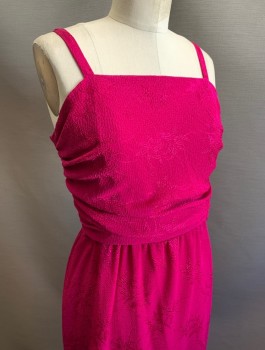 N/L, Fuchsia Pink, Polyester, Floral, Bumpy Textured Jacquard, 1/2" Wide Spaghetti Straps, Square Neck, Ruched at Sides. Knee Length