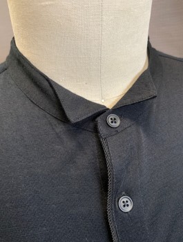 Mens, Casual Shirt, JOHN VARVATOS, Black, Wool, Solid, XL, Jersey, Long Sleeves, Button Front, Band Collar with Wingtip, Corded Piping Along Placket