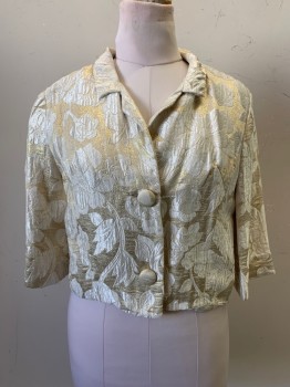 Womens, 1960s Vintage, Piece 2, Engel Fetzer, Pearl White, Champagne, Polyester, Floral, B36, L/S, Button Front, C.A., 2 Buttons