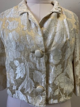 Womens, 1960s Vintage, Piece 2, Engel Fetzer, Pearl White, Champagne, Polyester, Floral, B36, L/S, Button Front, C.A., 2 Buttons