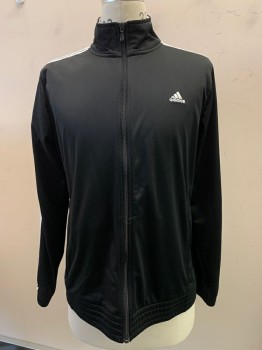 Mens, Sweatsuit Jacket, ADIDAS, Black, White, Polyester, Cotton, Solid, XL, L/S, Zip Front, Side Pocket, stripes On Sleeves,