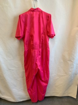 Womens, Jumpsuit, JOAN WALTERS, Hot Pink, Polyester, Solid, W:32, B:38, H:42, S/S, Notched Lapel, Velcro at Waist, Pleated Waistband