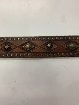 NO LABEL, Brown, Brass Metallic, Leather, Metallic/Metal, Diamonds, Diamond Pattern With Brass Studs, Pewter Buckle And End Tab, Extra Long Belt