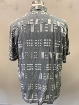 Mens, Casual Shirt, TOMMY BAHAMA, Gray, Ecru, Silk, Geometric, Abstract , L, S/S, C.A., Button Front,