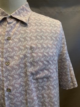 Mens, Casual Shirt, NAT NAST, Red, White, Silk, Cotton, Leaves/Vines , Dots, XL, S/S, Button Front, Collar Attached, Chest Pocket