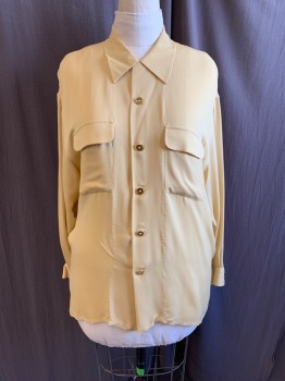 Womens, Blouse, HENRI BENDEL, Butter Yellow, Poly/Cotton, B40, XL, L/S, Button Front, Collar Attached, Gold Buttons, 2 Breast Pockets