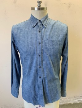 Mens, Casual Shirt, BROOKS BROTHERS, Denim Blue, Black, Cotton, Dots, L, Chambray with Black Dots, Long Sleeves, Button Front, Collar Attached, Button Down Collar, 1 Patch Pocket