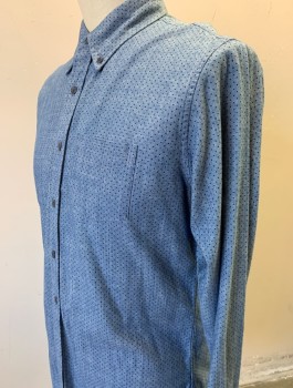 Mens, Casual Shirt, BROOKS BROTHERS, Denim Blue, Black, Cotton, Dots, L, Chambray with Black Dots, Long Sleeves, Button Front, Collar Attached, Button Down Collar, 1 Patch Pocket