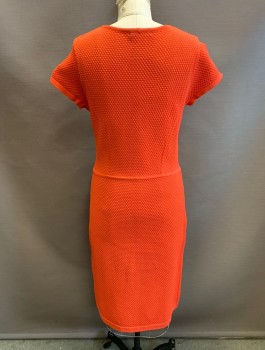 Womens, Dress, Short Sleeve, BIANA, Coral Orange, Viscose, Polyamide, Solid, Sz.6, Bumpy Textured Knit, Short Sleeves with Cutout at Shoulder, Scoop Neck, Princess Seams, Fitted Through Hip, Knee Length, *Stains CB Thigh Area