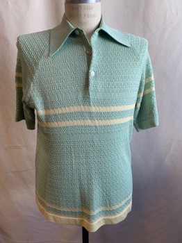 N/L, Sea Foam Green, Lt Yellow, Polyester, Stripes, Collar Attached, Half Placket, Short Sleeves