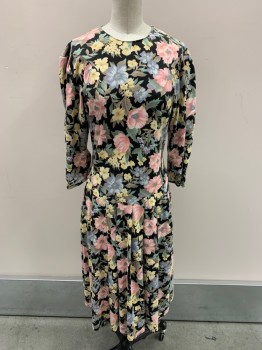 PAQUETTE TOO!, Black, Pink, Green, Yellow, Lt Blue, Poly/Cotton, Floral, Round Neck, Drop Waist, 3/4 Sleeve, Zip Back, Pleated Skirt, Hem Below Knee