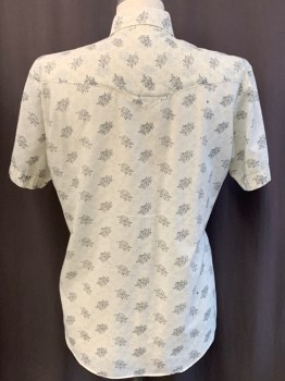 Mens, Western Shirt, TEXSON, Off White, Gray, Lt Gray, Polyester, Cotton, Floral, C48, N17, C.A., Pearl Snap Front, Yoke, 2 Pckts, S/S, Black Marks On Back