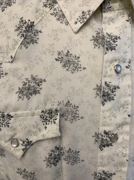 Mens, Western Shirt, TEXSON, Off White, Gray, Lt Gray, Polyester, Cotton, Floral, C48, N17, C.A., Pearl Snap Front, Yoke, 2 Pckts, S/S, Black Marks On Back