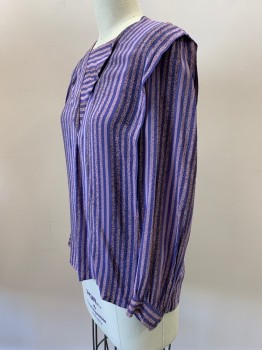 GIANNINI, Mauve Purple, Periwinkle Blue, Acetate, Silk, Stripes - Vertical , L/S, Squared Neck With 2 Buttons And Flap, Pullover