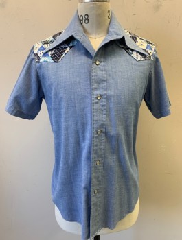 Mens, Western Shirt, N/L, Dusty Blue, Poly/Cotton, Solid, 15.5 N, M, Shades of Blue/Navy/White Patchwork Pattern at Shoulders Above Yoke, S/S, Snap Front, C.A.,